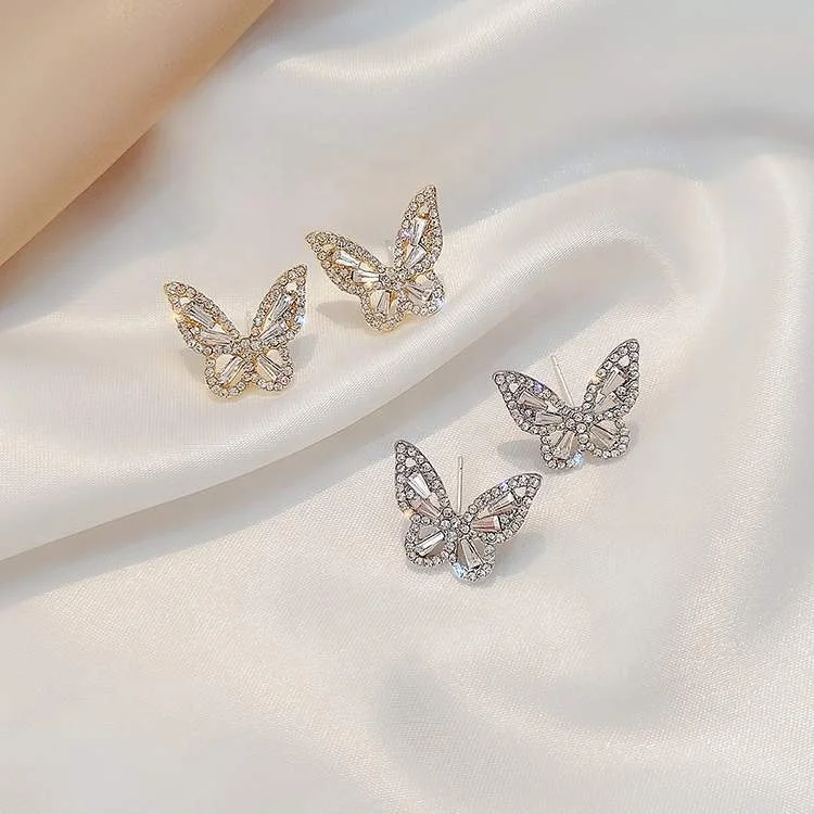 

Retro Hong Kong Style Butterfly Stud Earrings Women's Hollow Diamond Earrings, Picture