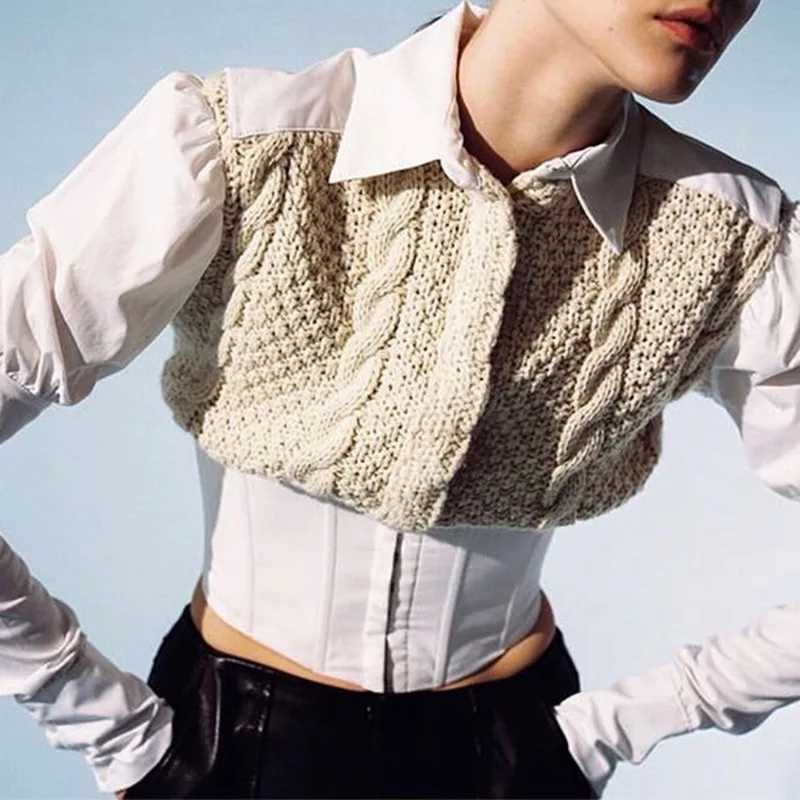 

2020 Autumn Elegant Latest Patchwork knitted Twist Shirt White blouse Women Puffy Sleeve Sweater Tunic Ladies Top