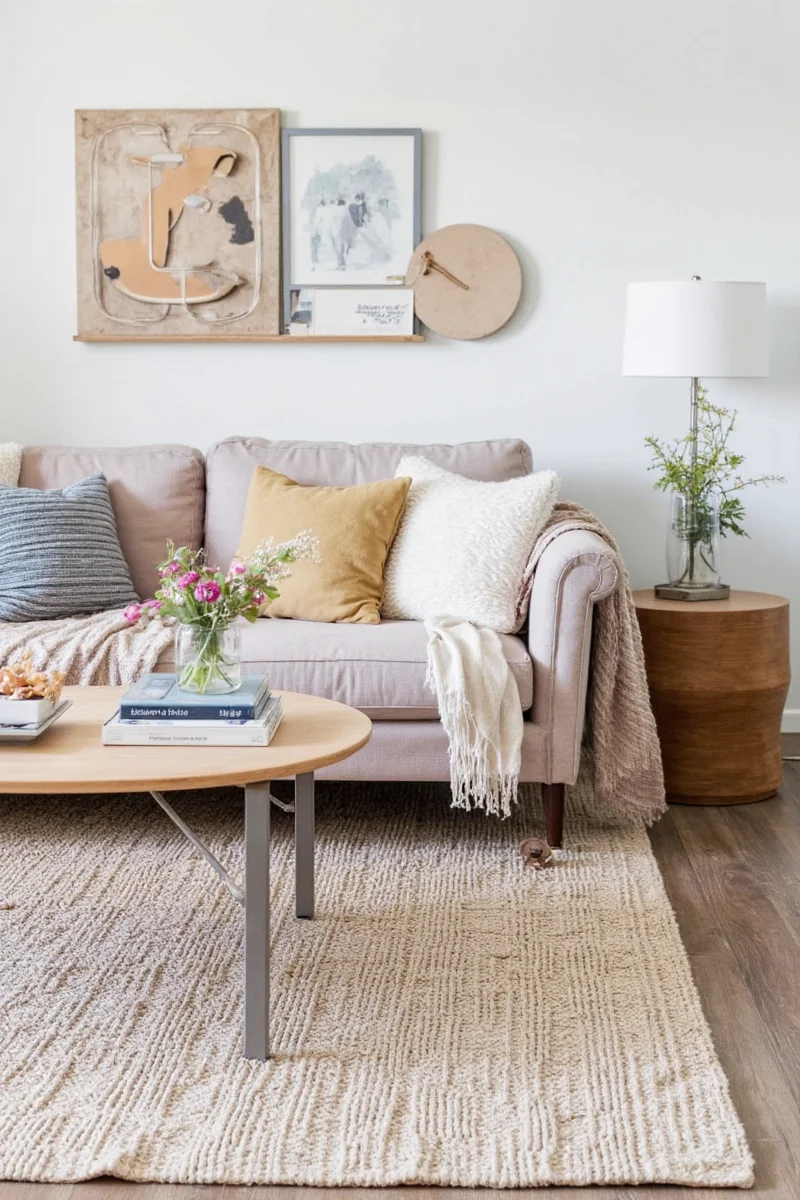 Family gathered on couch with colorful living room blankets