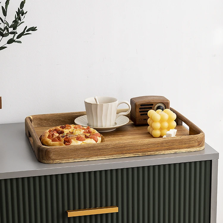 

Wholesale Custom Acacia Wooden Breakfast Serving Tray with Handle for Hotel Restaurant