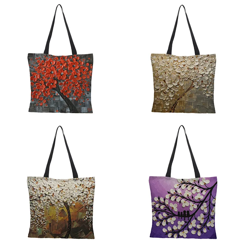 

Hot Sale 3D Digital Printing Waterproof Cotton Linen Oil Painting Flower Pattern Eco-friendly Shopping Bag, Customized color