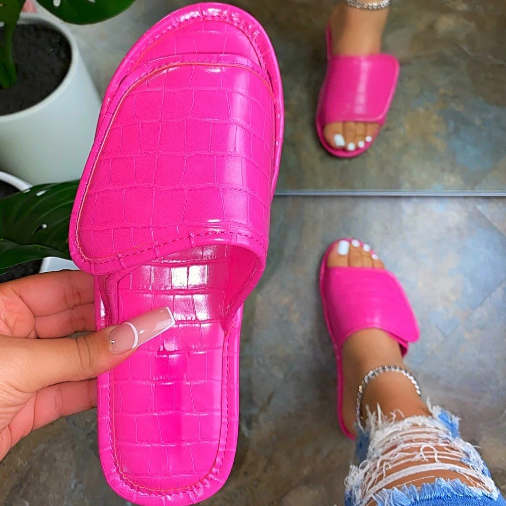 

HOOk&LOOP Stone Grain PU Leather Soft Sole Lazy Open-toe Slides Beach Flat Solid Color Slippers Sandals For Women, Picture