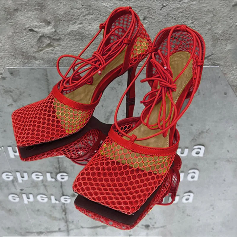 

Fashion Brand Woman Pumps Sexy Hollow Mesh Summer Sandals High Heels Square Toe Ankle Lace-Up Women Party Dress Pumps Shoes