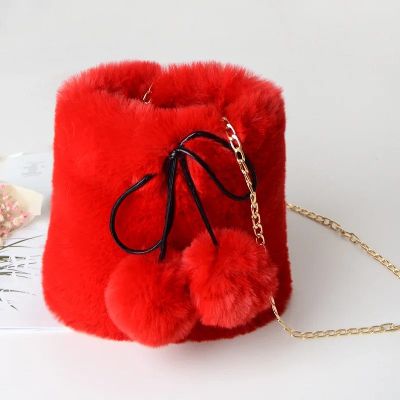 

Hot selling plush bag ladies messenger bucket bag artificial fur Plush Bucket Bag plush crossbody kids Support customization, Various colors