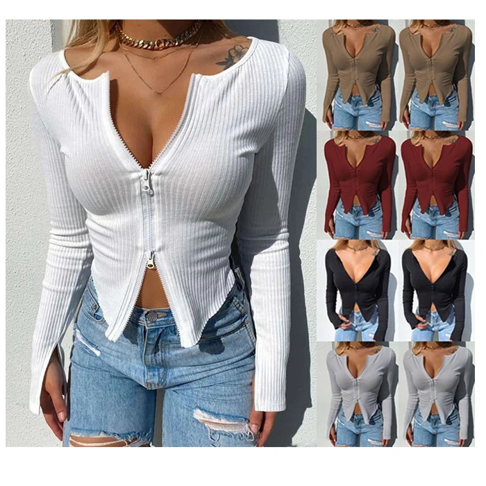 

XXXL New stylish Autumn Women Plain Color V Neck bodycon blouse zipper up long sleeve crop t shirt deep v sexy ladies top, As picture