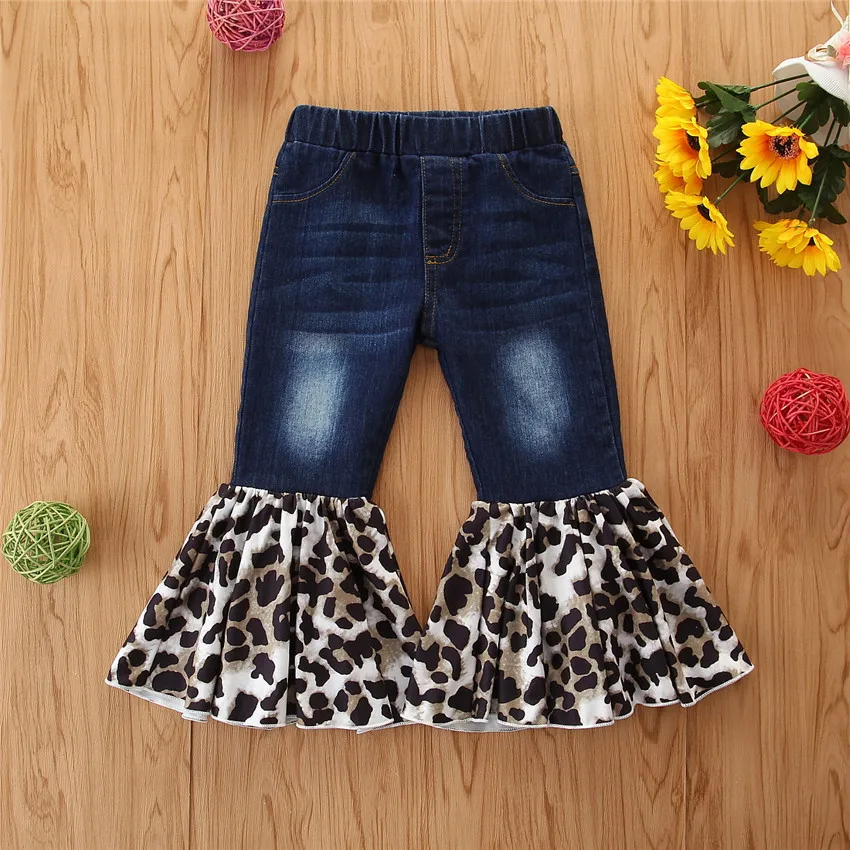 

B54272A Children clothing fashion little girls leopard patchwork flare pants, Blue