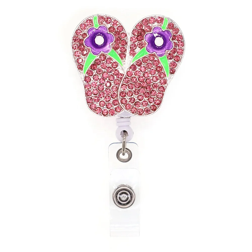 

Cute Rhinestone Enamel Retractable Flip Flop Shape ID Badge Holder Reel Clip