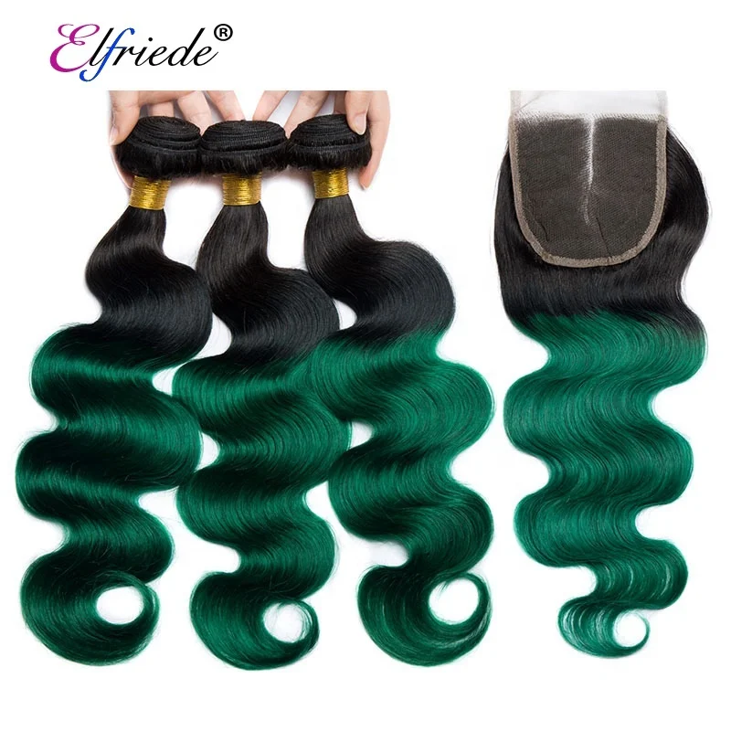 

#T 1B/Green Body Wave Ombre Hair Bundles with Lace Closure 4"x4" Brazilian Remy Human Hair Wefts with Closure JCXT-139