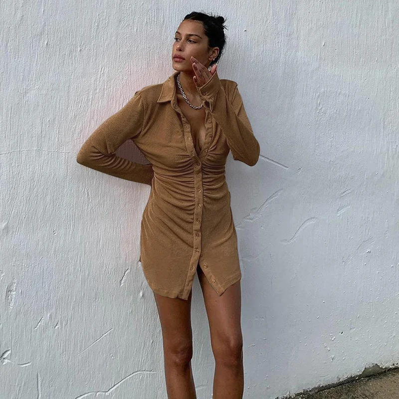 

Custom china factory Button Pleated slim fit Mini fall women casual shirt dress