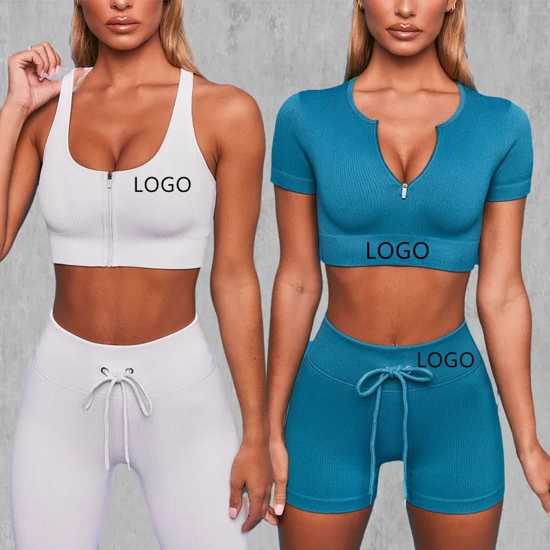 

Fitness Set Zipper Compression Ribbed Workout Sports Tights Women Seamless Leggings Yoga Pants Bras Short Sleeve Tops, White, black, blue, green, brown,
