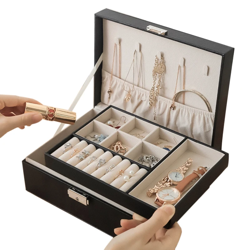 

wholesale earring Ring Necklace Girls With lock jewelry box Organizer velvet jewelry Storage PU leather jewelry Boxes