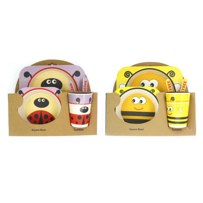 

Best Selling Cute Animal Design Children Rectangle 5pcs Tableware Plate Set Bamboo Fiber Kids Dinnerware