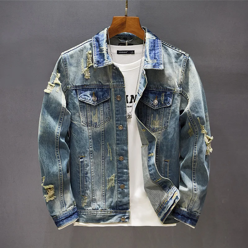 

2021 New style Casual Denim ripped Jacket wholesale Plus Size Cowboy cotton warm washed button spring jeans jackets men