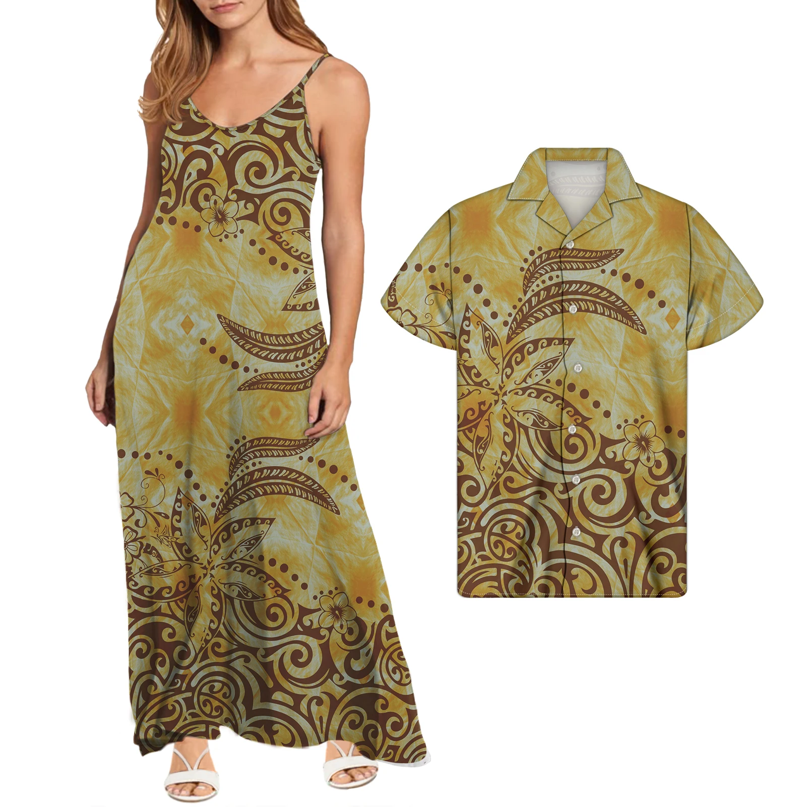 

MOQ Luxury Polynesian Couple Set Women Plus Size Summer Dresses Casual Retro Vintage Dress Custom With Logo/Design, Customized color