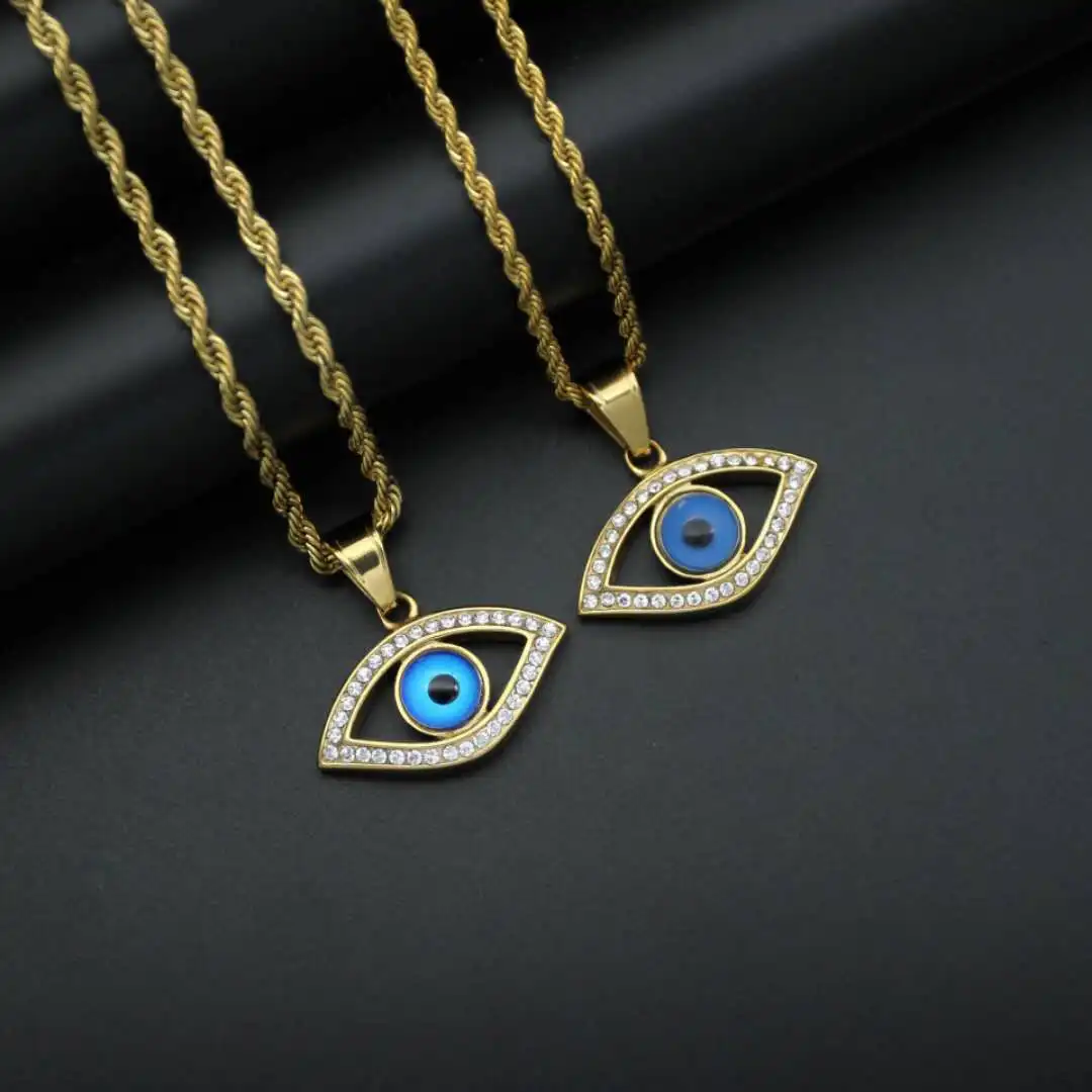 

Hot style titanium steel/stainless steel gold plated diamond blue angel devil eye pendant factory price wholesale