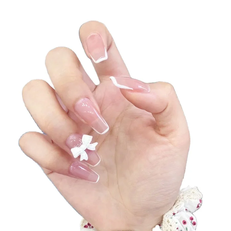 

2022 adiyat Hot press on nails Long trapezoidal star style fake nail piece French cute bow fake nails with Factory