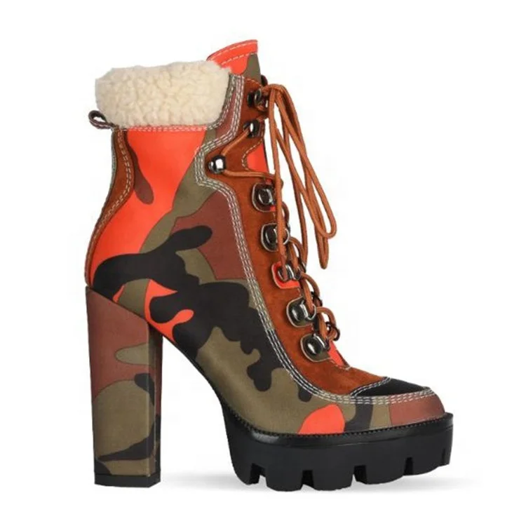 

2021 Women Winter Chunky Heel Platform Fur Booties Ladies High Heel Lace Up Night Club Camouflage Ankle Boots, Black,yellow,red ,white