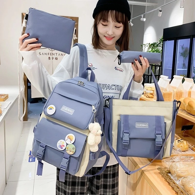 

4 Pcs Set Harajuku Women Laptop Backpack Canvas School Bags For Teenage Girls Kawaii College Student Kids Book Bag Rucksack 2021, As picture
