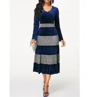 

5XL V-neck Long Sleeve Ruffles Midi Velvet Patchwork Lady Casual Dress