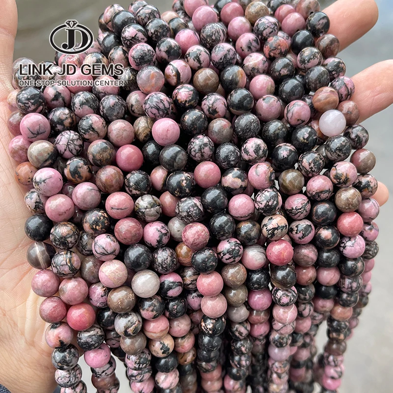 JD Wholesale 4-12mm Round Smooth Loose Gemstone Beads Natural Black Line Rhodonite Beads For Jewelry Making Diy