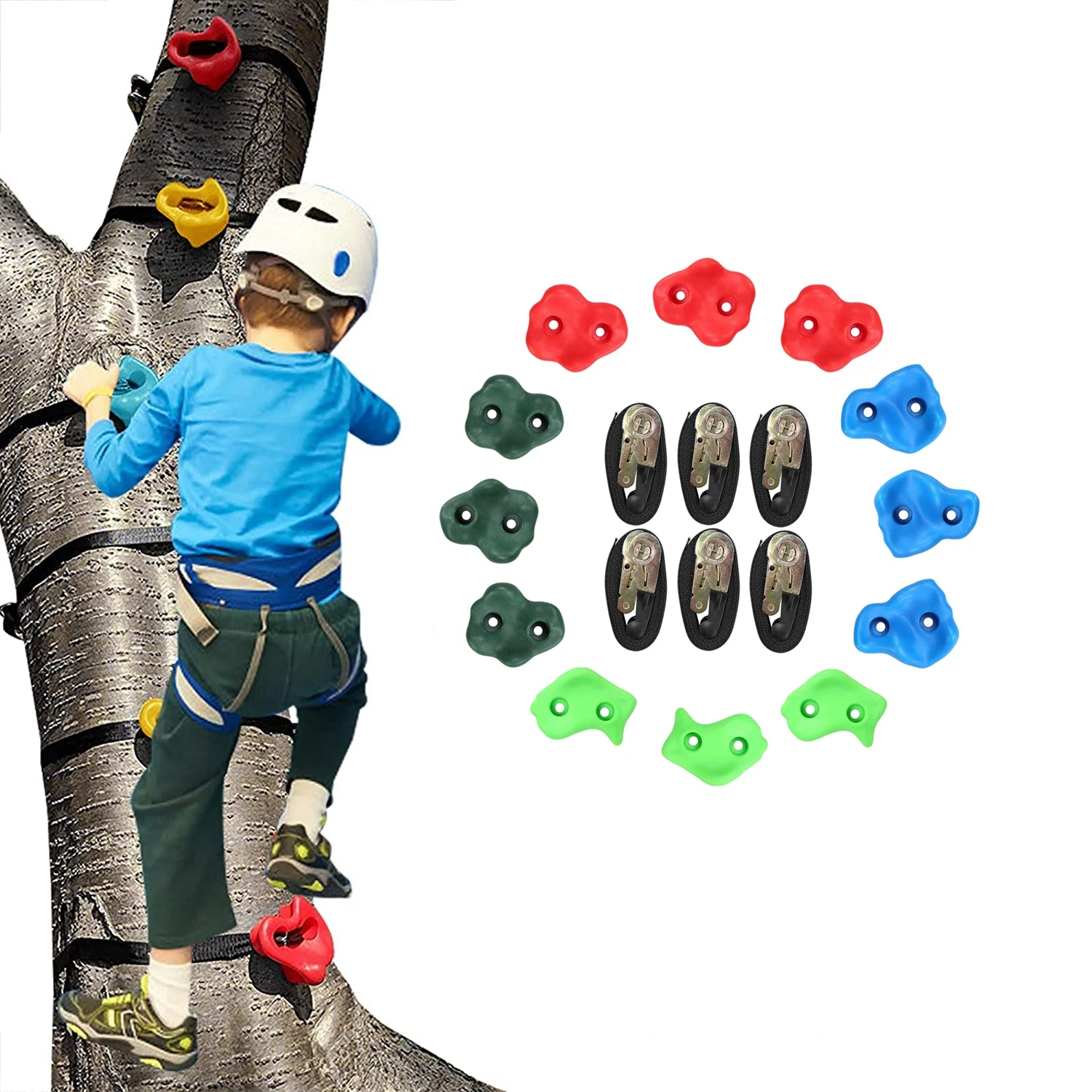 

12Pcs Kids Obstacle Course Training Tree Climbing Holds with 6 Ratchet Straps, 5 colors