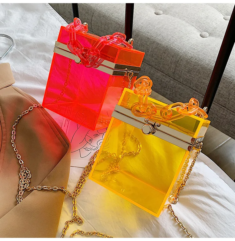 

Mini Clear Jelly PVC Handbag Luxury Acrylic Chains Women Designer Box Party Bags Small Transparent Evening Totes Lady Purses