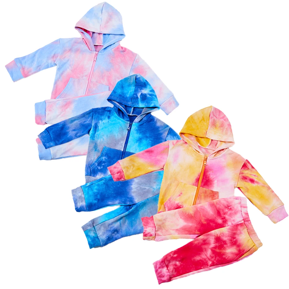 
Trending Custom Hoodie Tie Dye Zipper Hoodie Jogger Pants Coats Sweat Suits Kids Cloths 