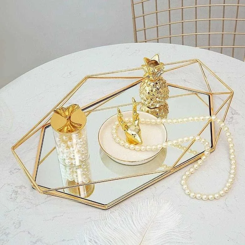 

drop shipping glass storage tray cosmetic tray girl birthday gift lipstick nail polish jewelry display stand makeup mirror tray, Gold rose gold