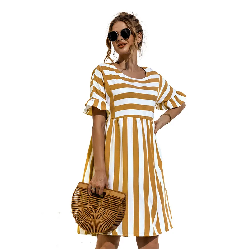 

2021 Hot Sell Summer Short Sleeve Stripe With Pocket Dress Women Casual Ruffled O Neck Loose Dresses Women Clothing