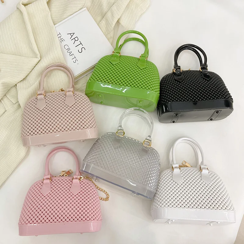 

New design candy color chains PVC jelly bags for women purses Summer trendy silicone small shoulder shell hand bags ladies 2022, White, green, black, clear, pink, apricot