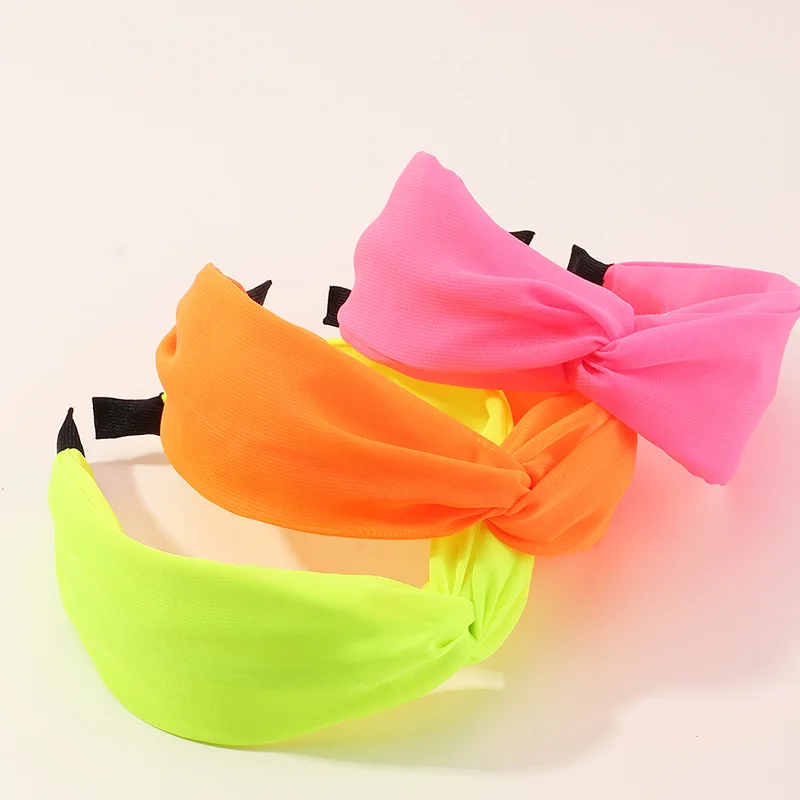 

Popular Girls Fabric Fluorescent Solid Color Headbands Cross Knotted Wide-Edge Hair Hoop Headband Ladies Hair Band, Colorful
