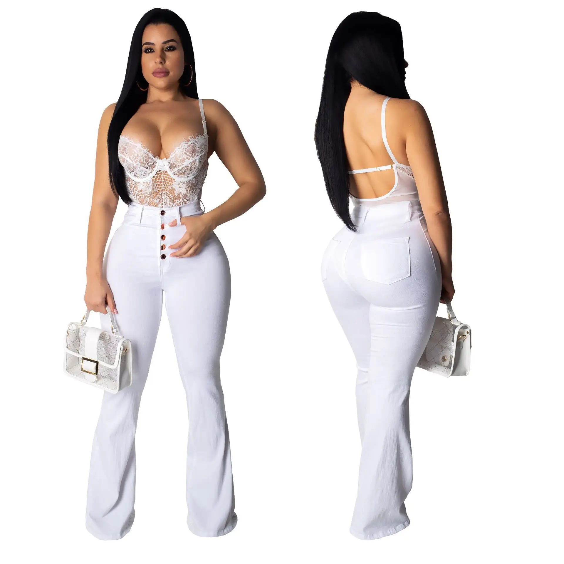 

KHS2039 Hot Fashion white stretch high waist single-breasted flare denim jeans