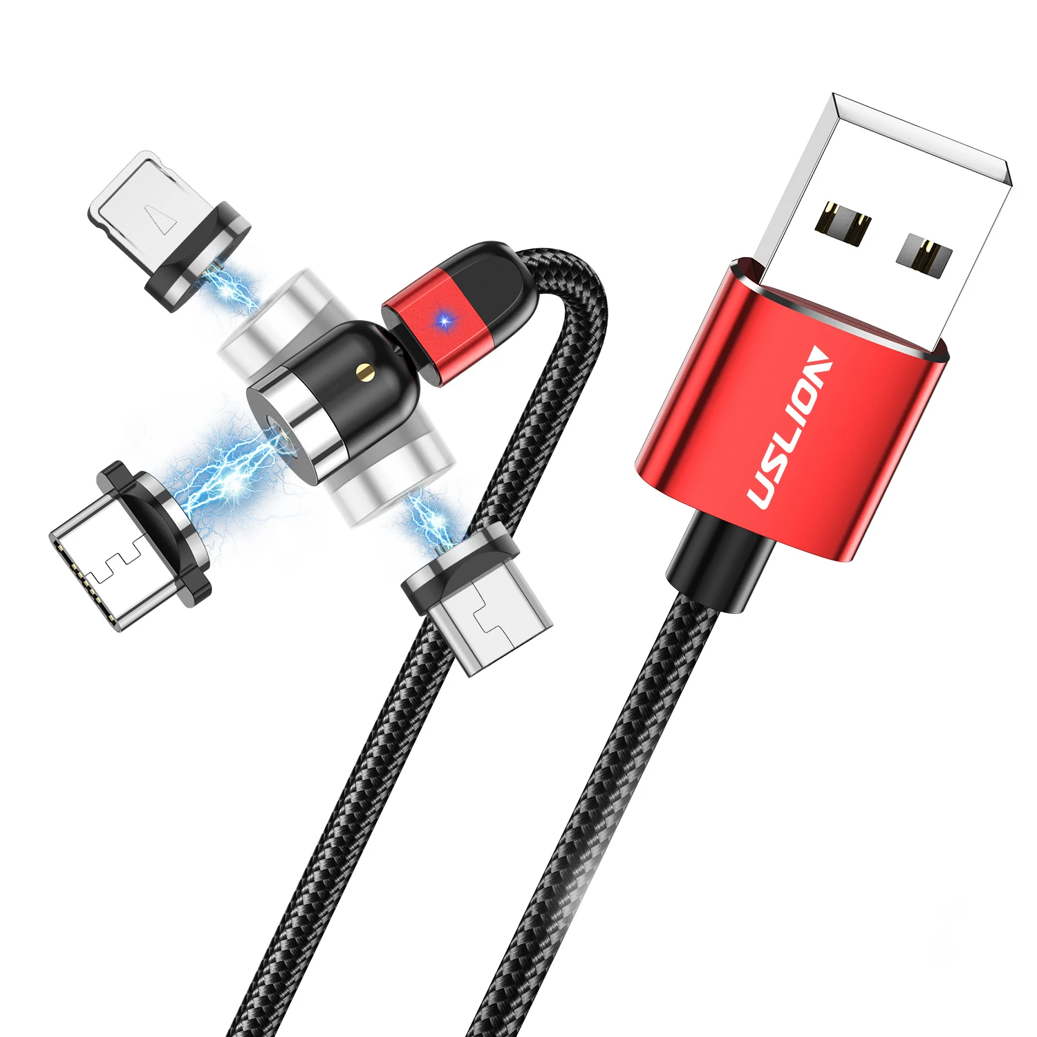 

USLION 1m/2m 2.4A Fast Charging Straight And 540 Degree Rotation Magnetic Charging Cable Type-c ANDROID IOS, Black/red/silver/purple