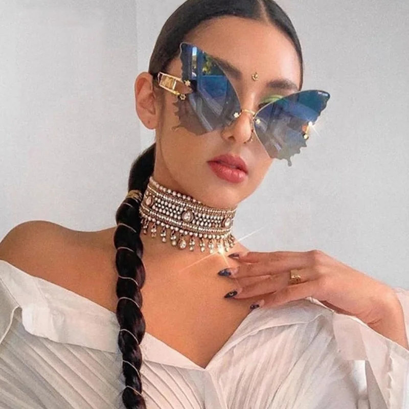

Luxury Designer Sunglasses 2021 Women Fashionable Oversized Butterfly Rimless Sun Glasses Personalized Custom Big Frame Shades, Custom colors