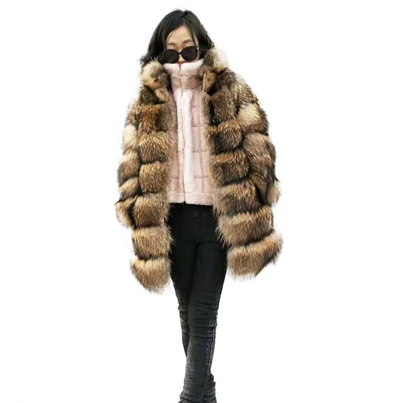 

Hot Sale Custom design Fashion Luxury medium long Natural Racoon Fur Coat fluffy fur jacket For Women, Natural or custom colors