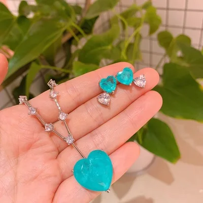 

Two Pcs Earrings Necklace Zircon Blue Paraiba Jewelry Set Simple Classic Gold Plated Paraiba Heart Shaped Jewelry Set For Gift