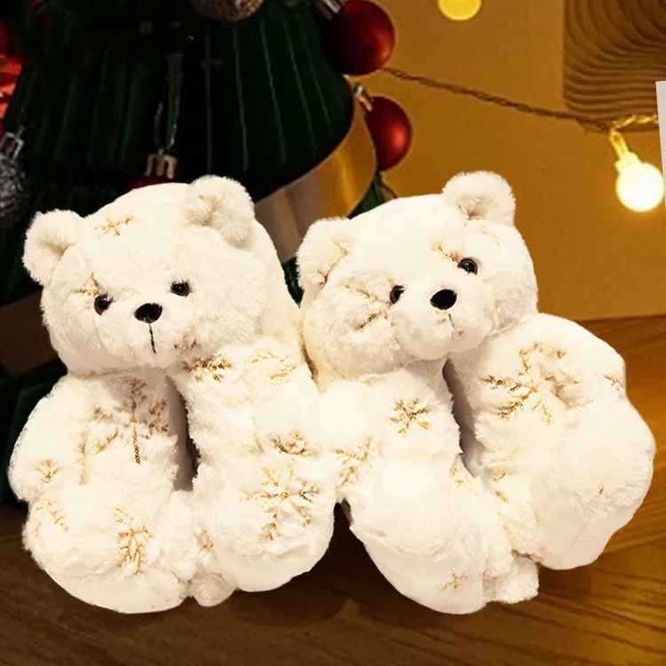 

Winter Fluffy Fur Sandals New Design Ladies Plush Bear Slippers Home Warm Flat Sandals Teddy Bear Slippers For Women Girls, Picture shows