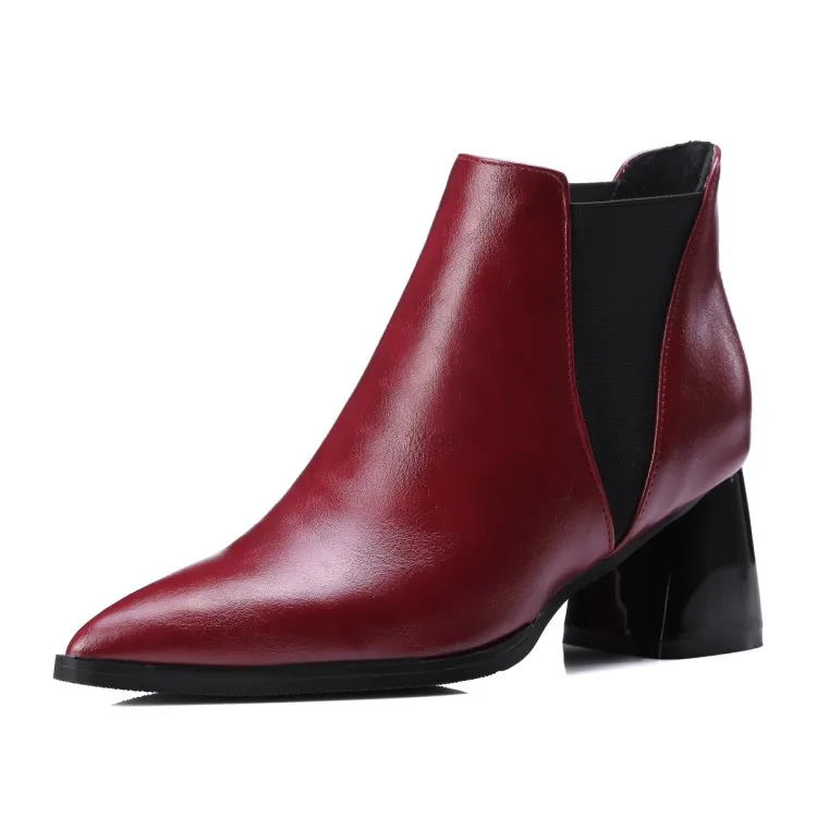 

Women Sexy Ankle Boots Pointed toe Chelsea Booties Square Chunky Heel Dress Short Boots Office Lady Working Formal Women Boots, Black grey winered