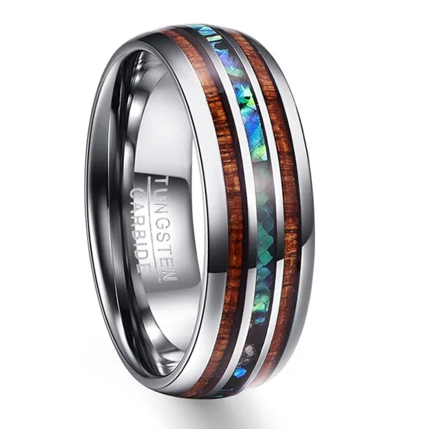 
Luxury High Quality Wood Rainbow Ring Craft Bevel Edge Comfort Fit Silver Tungsten Rings Hawaiian Jewelry Wholesale Women men 