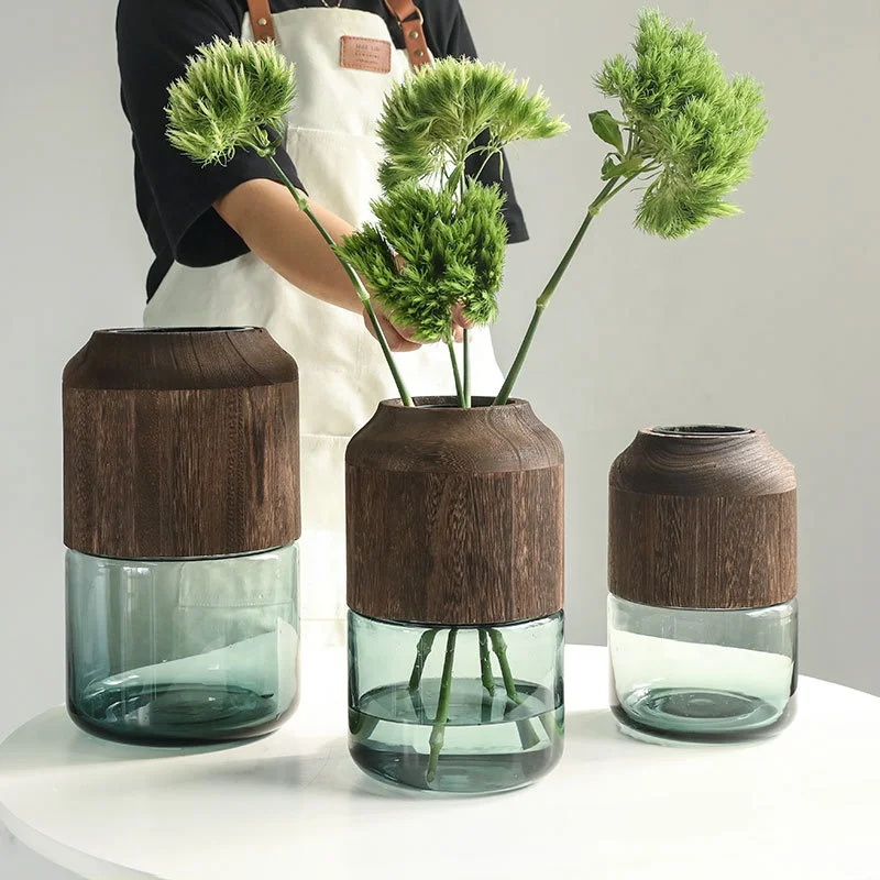 

Nordic log solid wood glass vase, creative home hotel model room desktop decoration, blown dried flower, Clear transparent