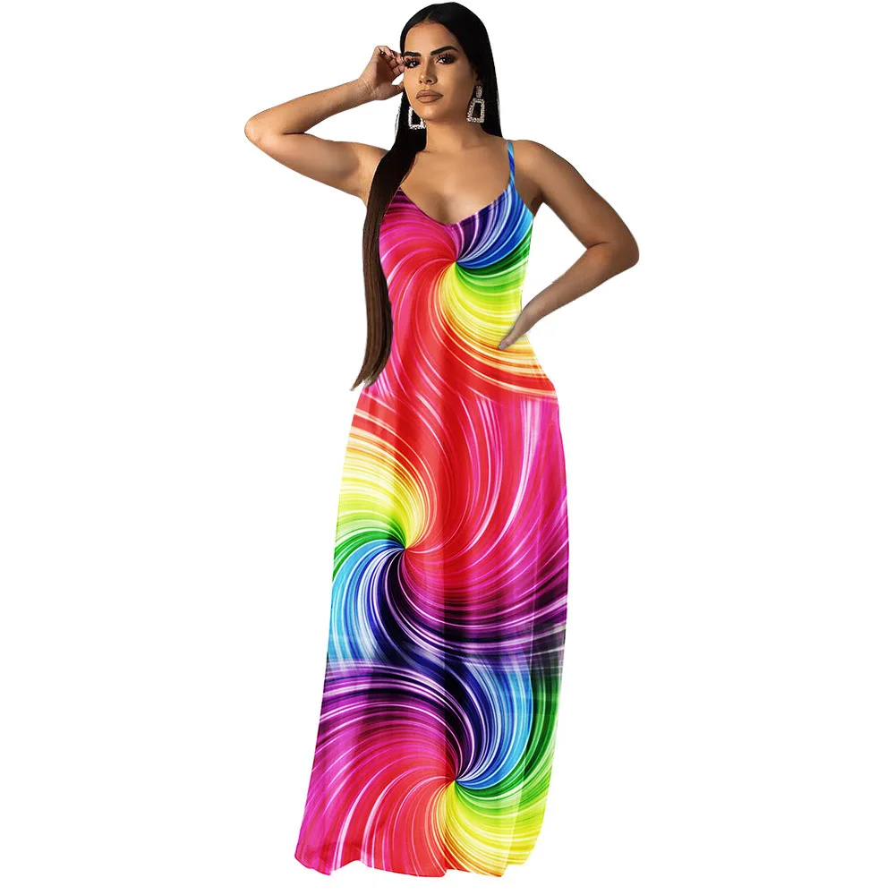 

Wholesale price A6202 Newest Multicolor Tye Dyed Magic Slide Woman Maxi Long Dresses