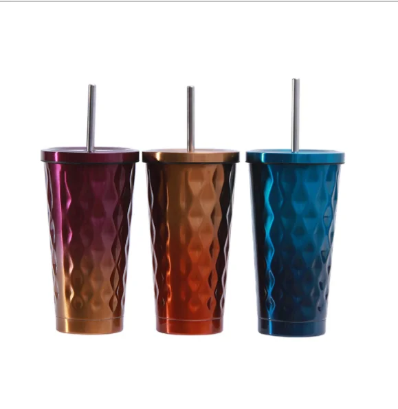

New Fashion 500ML Gradient Color 304 Stainless Steel Double wall Water Tumbler with Straw Summer Soda Cup Eco friendly reusable