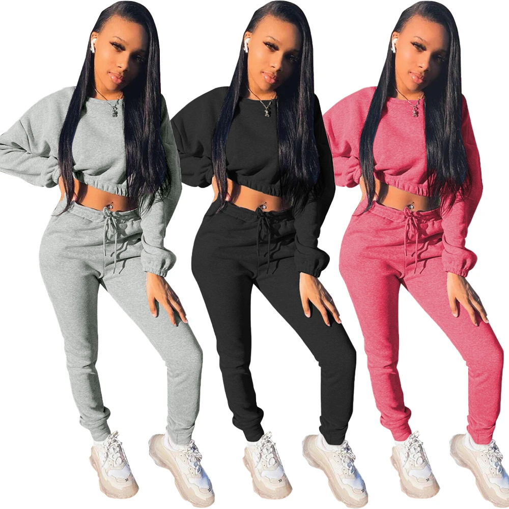 

Foma DN8563 New arrivals 2021 long sleeve crop top and drawstring pants winter tracksuit women