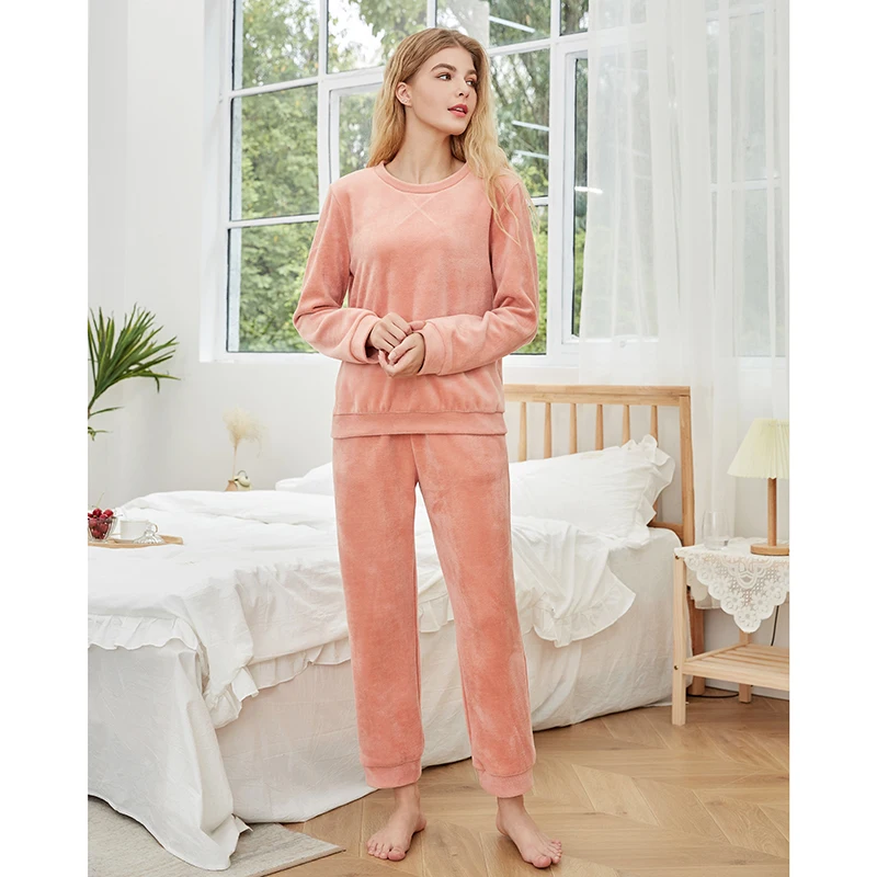 

2021 New Arrival Coral Velvet Sleepwear Solid Women 2 Pieces Soft Long Sleeve Pajamas Set