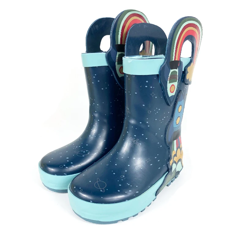 

RTS In stock Waterproof Children 3d Rocket Print Rubber Toddler Kids Rain Boots with Rainbow Handles