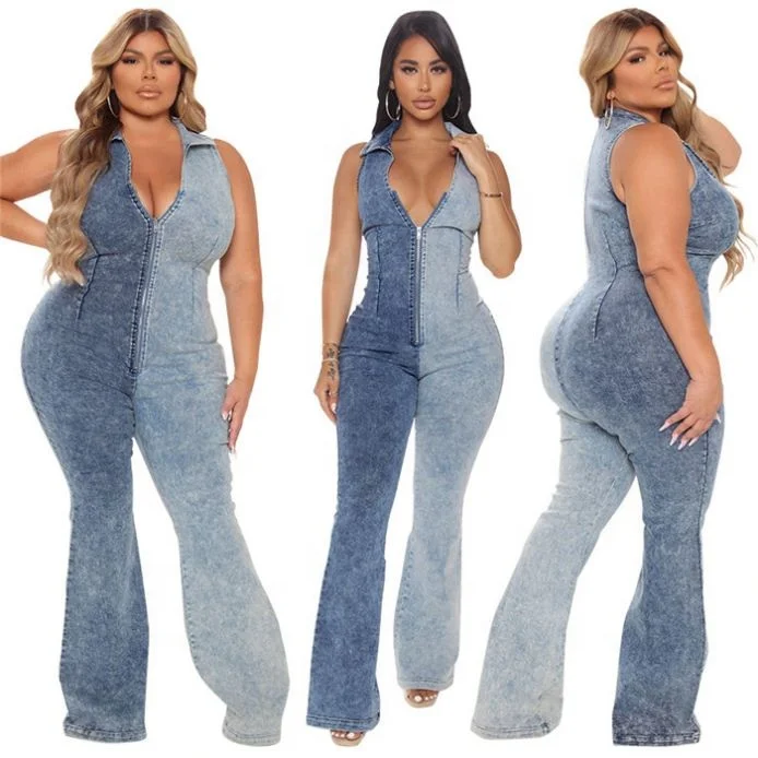 

M755-womens fashion trendy 2021 washing patchwork zipper plus size sleeveless denim jumpsuit, Picture shown