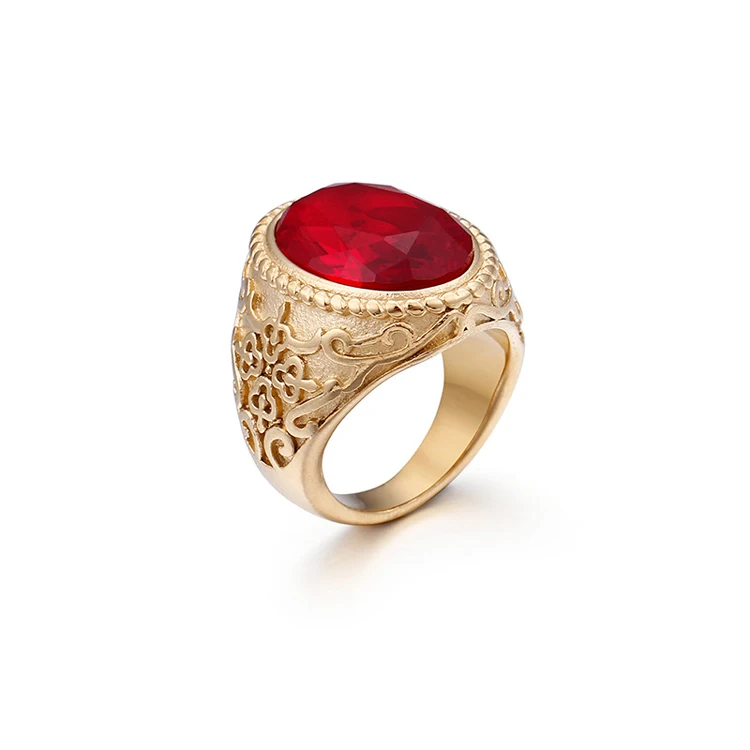 

Wholesale Retro Gold Plated Gemstone Ruby Emerald Men's Titanium Steel Ring