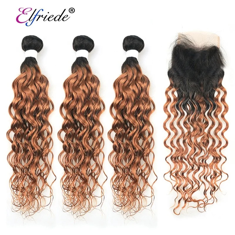 

#T 1B/30 Water Wave Ombre Hair Bundles with Lace Closure 4"x4" Brazilian Remy Human Hair Wefts with Closure JCXT-306