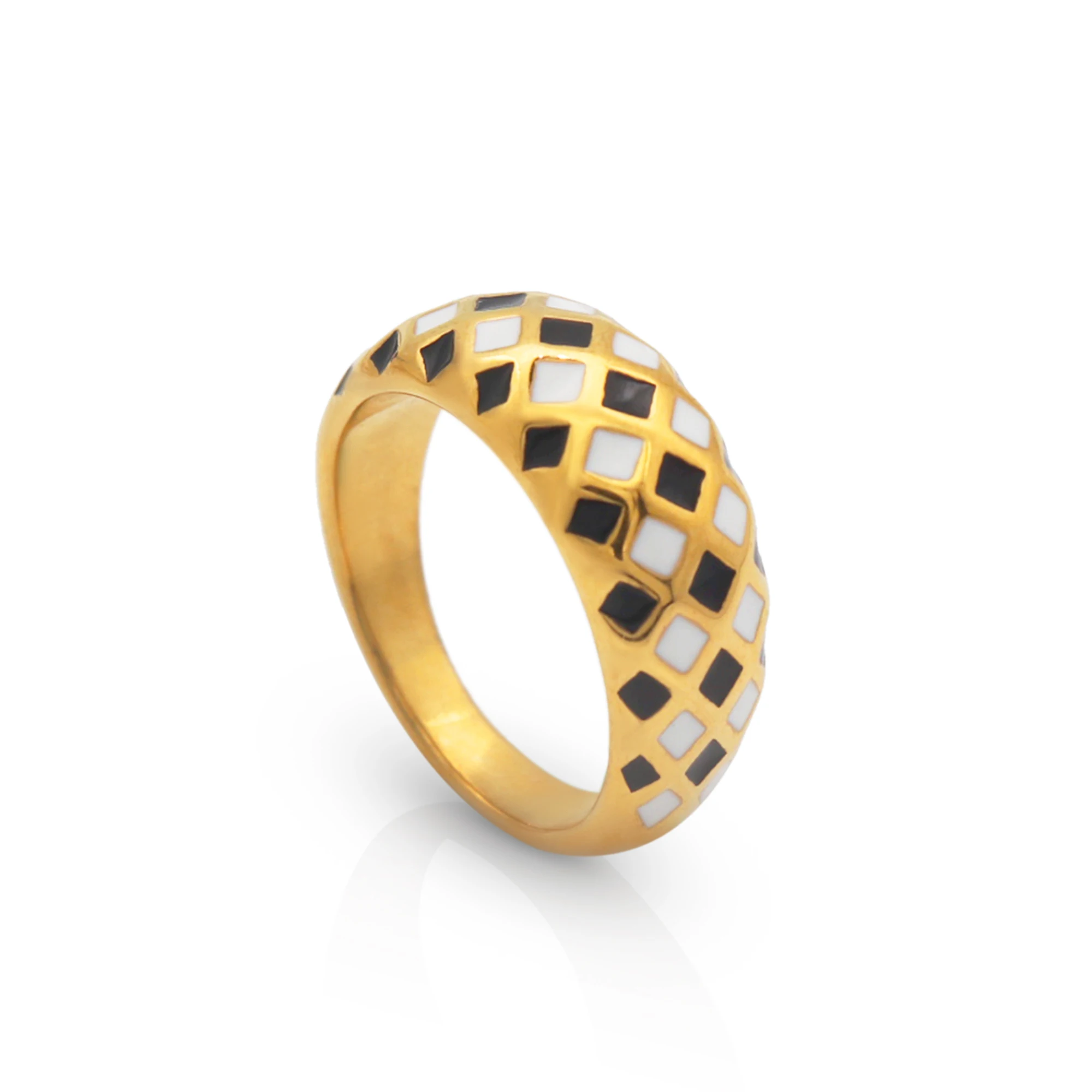 

Chris April in stock fashion jewelry PVD gold plated 316L stainless steel non-tarnish checker board enamel ring