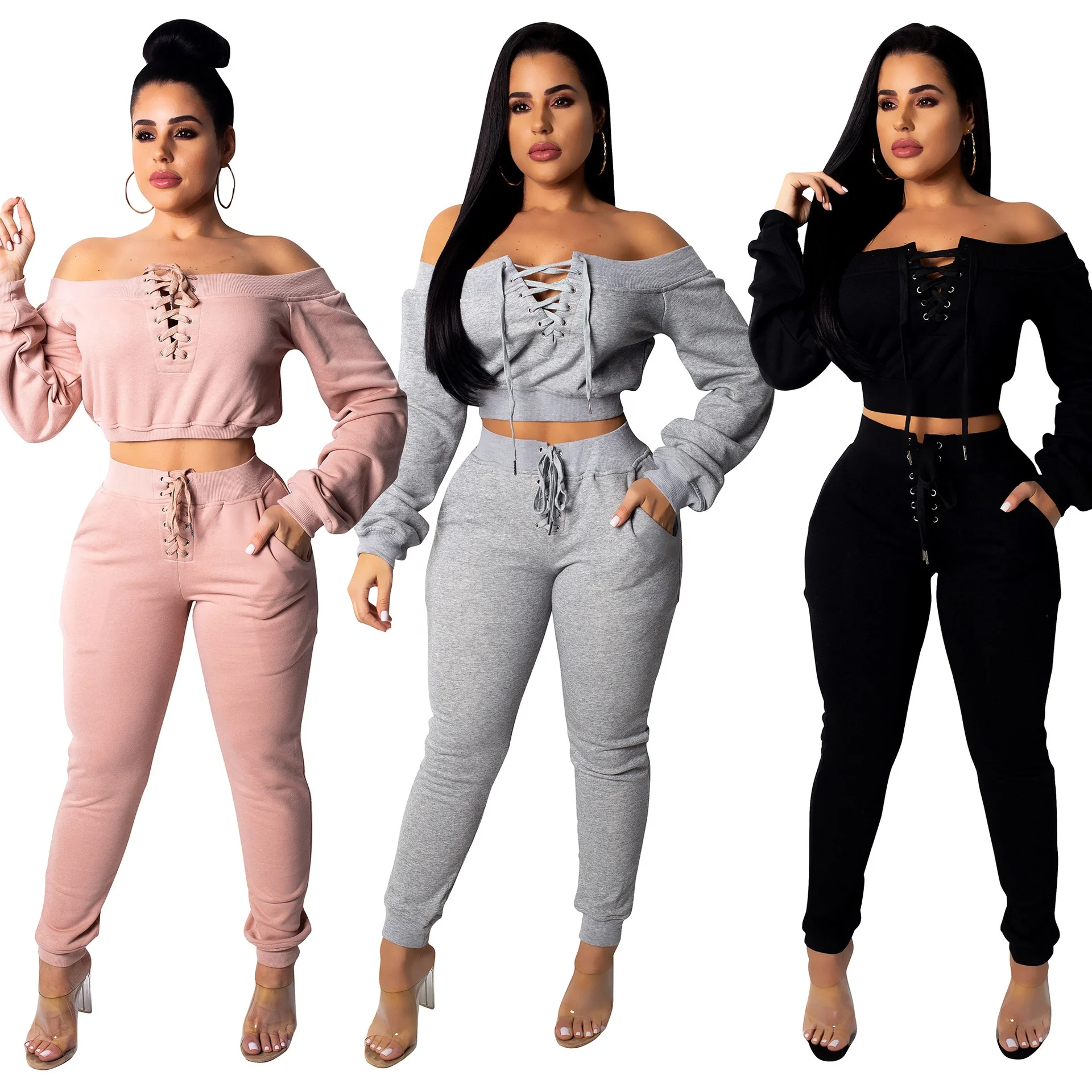 

Fashion drawstring off shoulder top and pants sets fall for women long sleeve two piece set